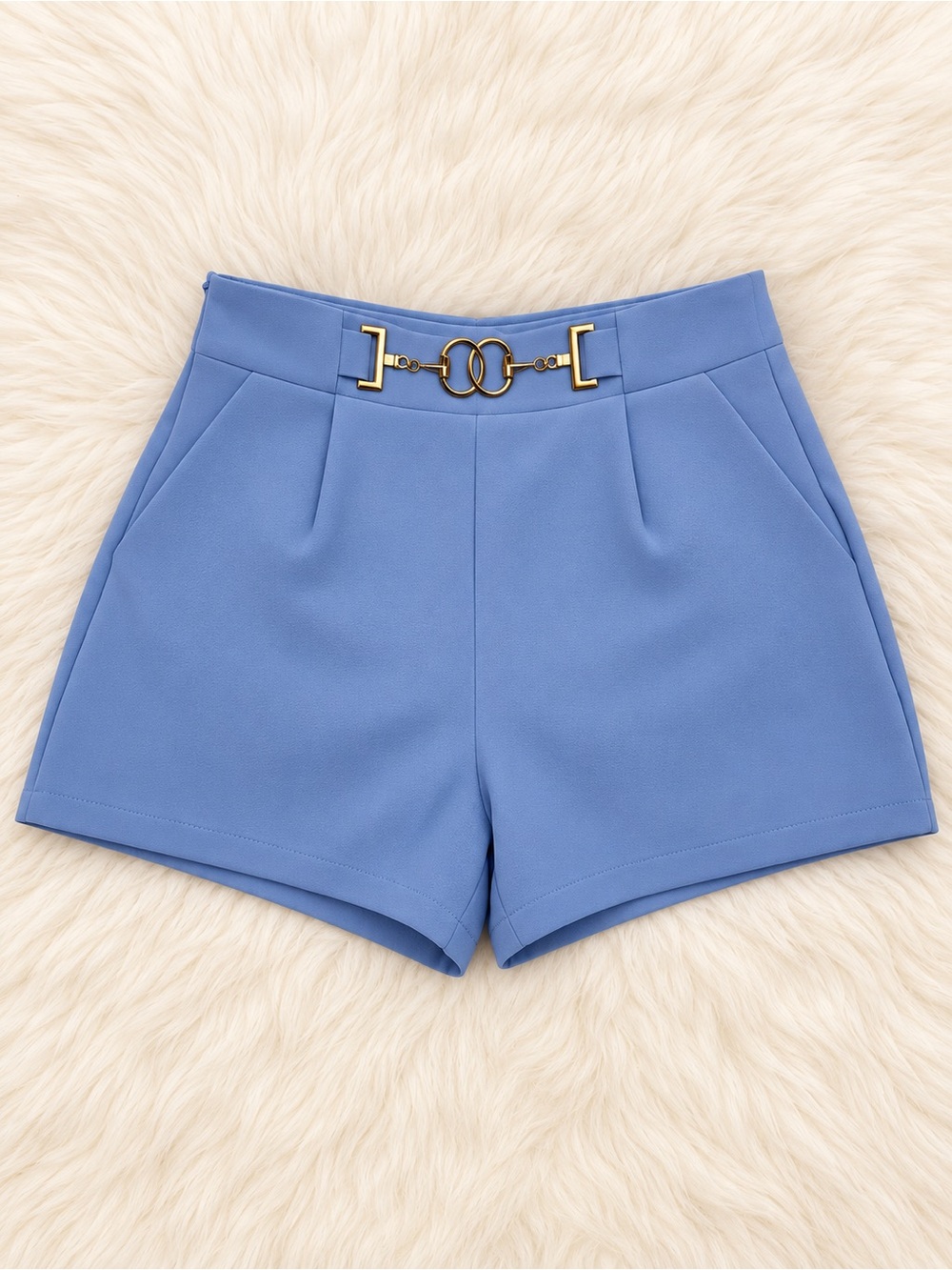 Blue High-Waisted Dress Shorts Gold Hardware Pleated